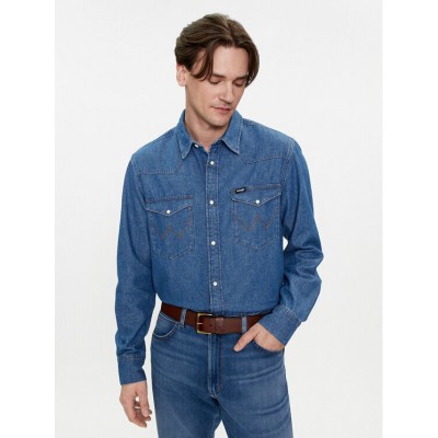 Wrangler Western Ανδρικό Πουκάμισο Μακρυμάνικo Τζιν με Κανονική Γραμμή Μπλε 112350488