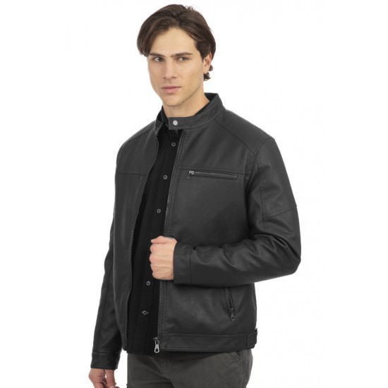 Rebase Δερμάτινο Μπουφάν Black RLJK-2021 MAO ΓΙΑΚΑΣ, ΧΩΡΙΣ ΛΑΣΤΙΧΟ ΚΑΤΩ