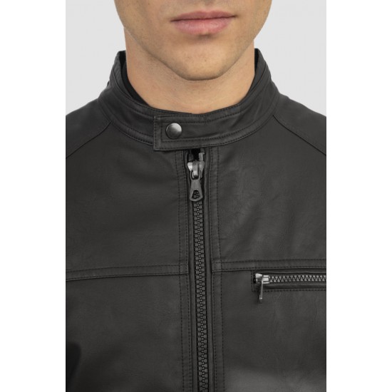 Rebase Δερμάτινο Μπουφάν Black RLJK-2021 MAO ΓΙΑΚΑΣ, ΧΩΡΙΣ ΛΑΣΤΙΧΟ ΚΑΤΩ